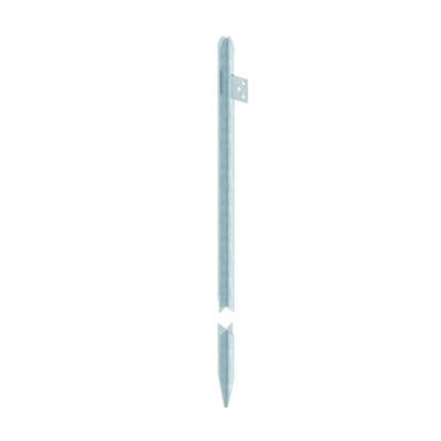 Metallischer Zaunpfosten mit spitzem Ende und rechteckigem Anschlussstück oben rechts für die Befestigung. Ideal für Gartenbau.