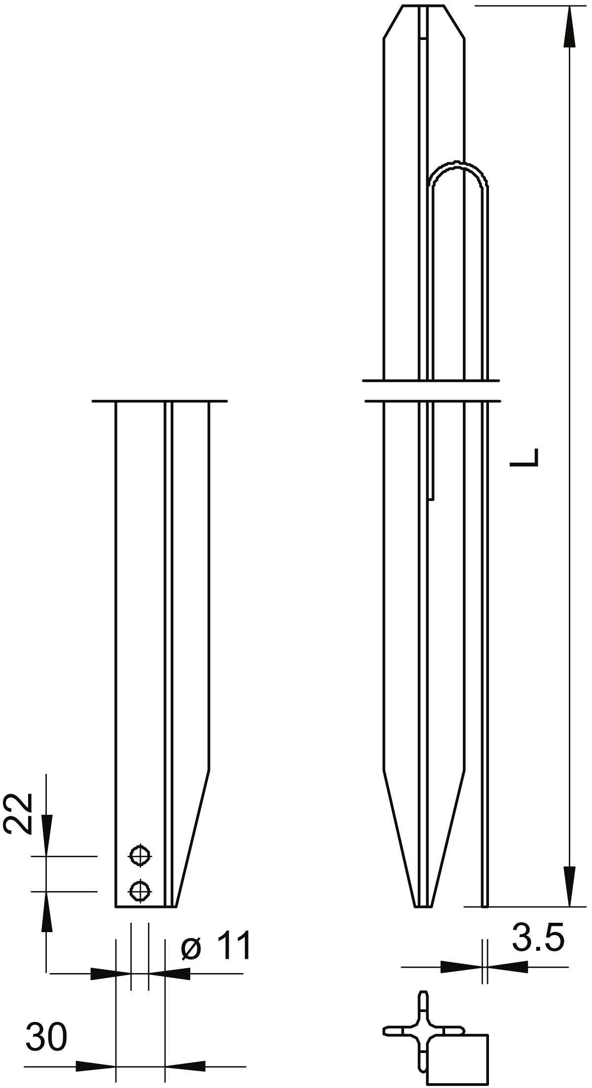 Technische Zeichnung eines Erdankers mit Maßen: Höhe 30 mm, Durchmesser 11 mm, Länge L. Zeigt Ansicht und Querschnitt.