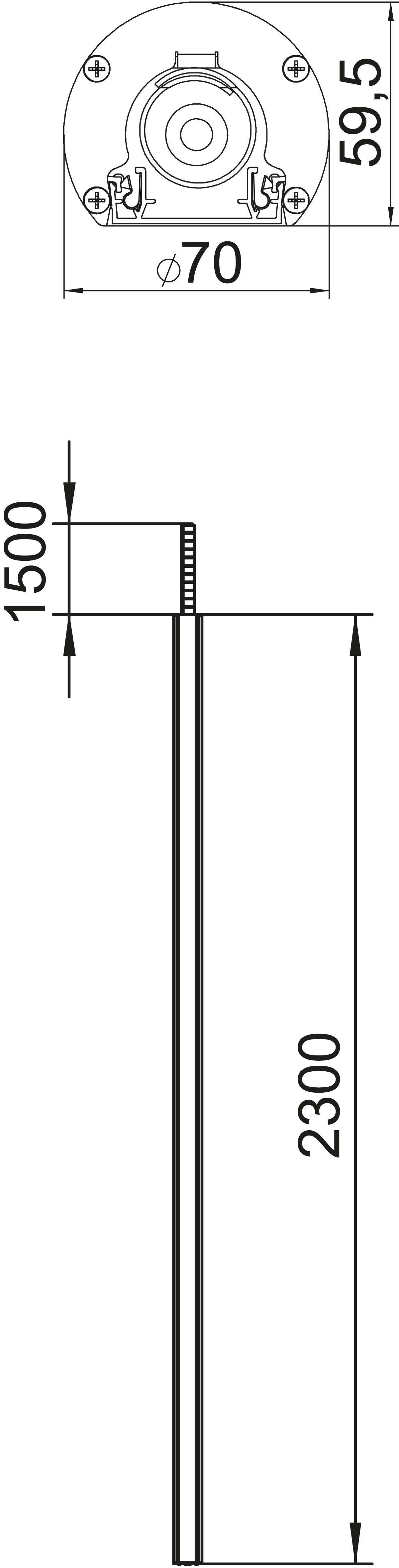 Technische Zeichnung eines zylindrischen Objekts. Der Durchmesser beträgt 70 mm, die Gesamtlänge 2300 mm und der obere Abschnitt 1500 mm.