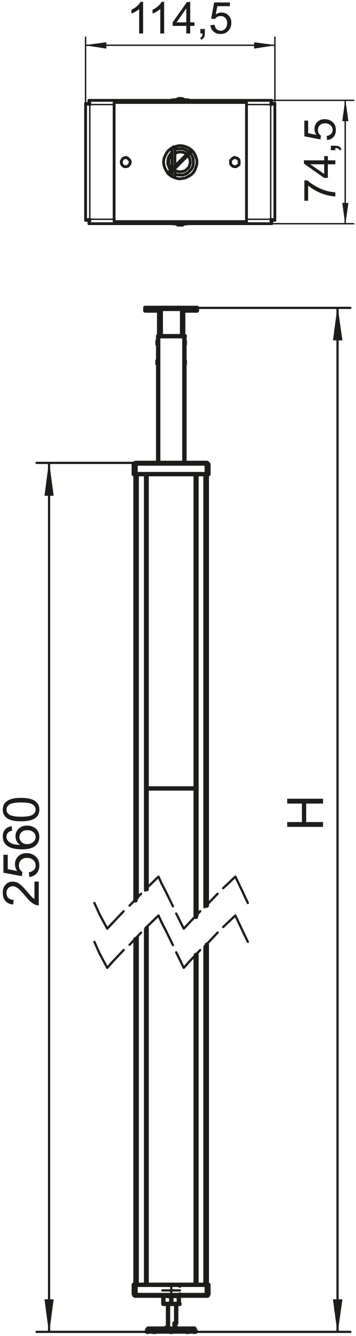 Technische Zeichnung eines Hydraulikzylinders mit einer Gesamtlänge von 2560 mm und einem Kopfmaß von 114,5 mm x 74,5 mm.