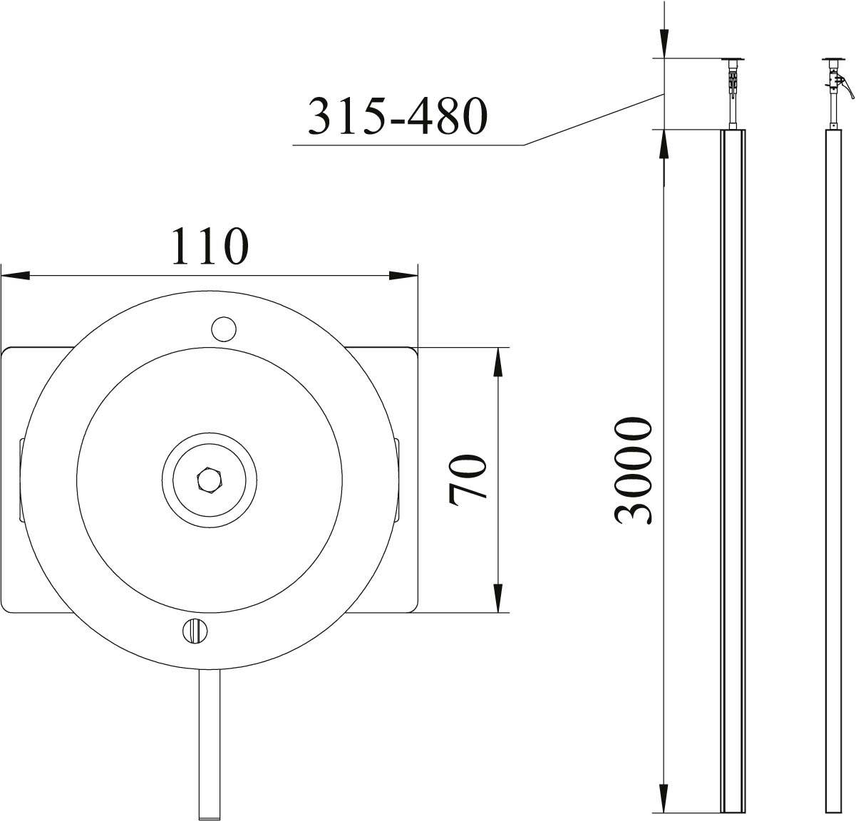 Technische Zeichnung eines zylinderförmigen Objekts mit Abmessungen: Durchmesser 110 mm, Höhe 70 mm, Länge 3000 mm, verstellbar von 315 bis 480 mm.
