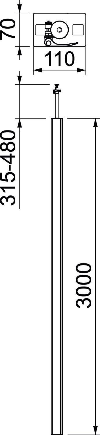 'Technische Zeichnung eines höhenverstellbaren Ständers, Höhe verstellbar von 315 bis 480 mm, Gesamthöhe 3000 mm, Halterung 110 x 70 mm.'