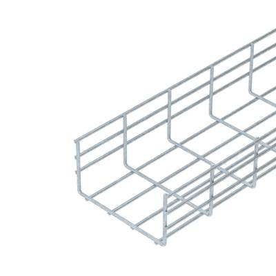 Ein silbernes Kabeltragsystem aus Metall in Gitterstruktur, perspektivisch von der Seite gezeigt. Ideal für Kabelmanagement in Gebäuden.