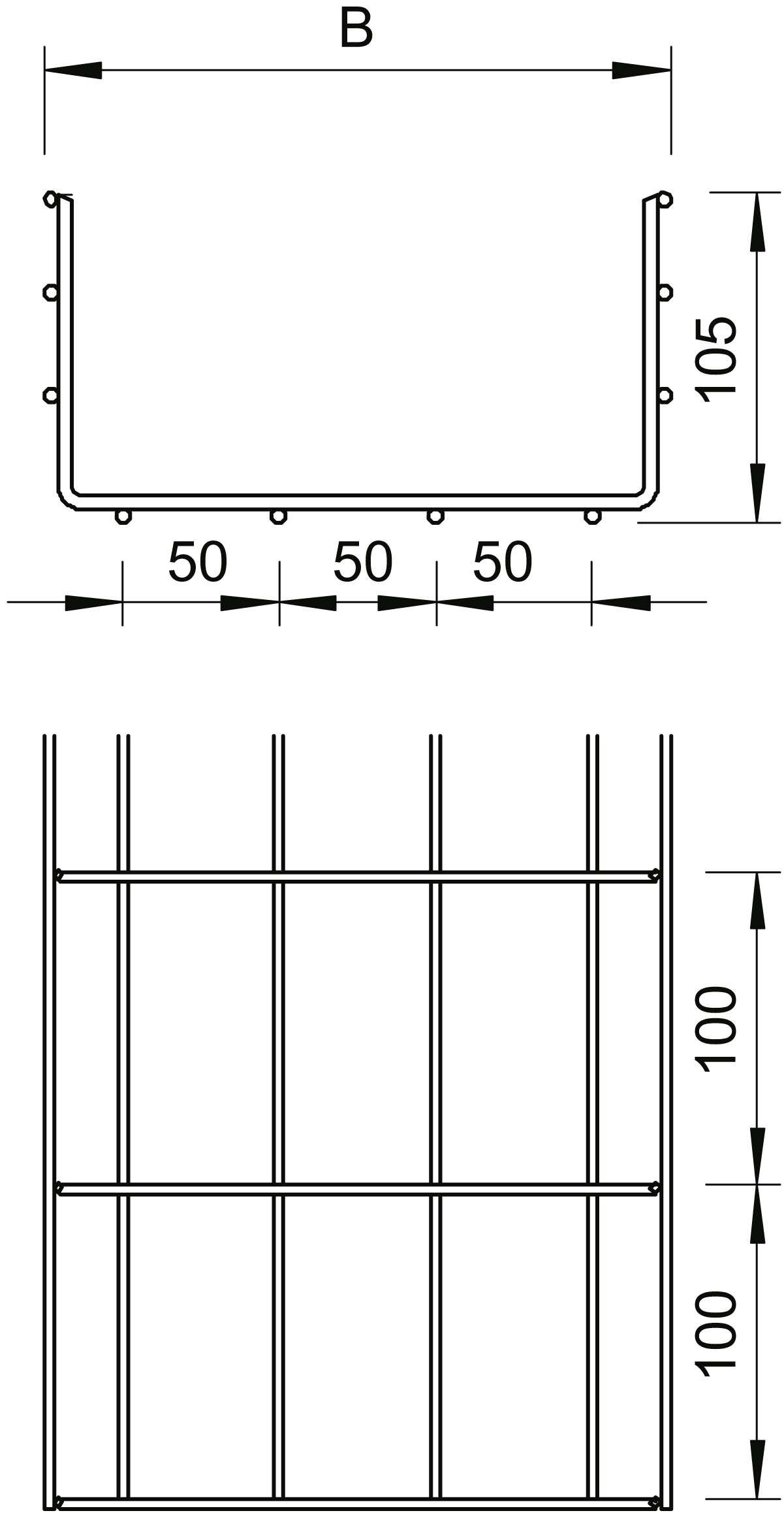 Konstruktionszeichnung eines U-förmigen Metallprofils mit Maßen: Breite 'B', Höhe 105 mm, und Abstand von 50 mm zwischen Löchern. Draufsicht zeigt Querstäbe mit Abständen von 100 mm.