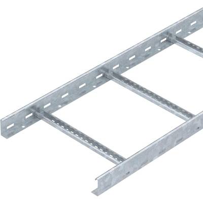 Ein silbernes Kabelrinnensystem aus Metall mit rechteckigen Öffnungen entlang der Seiten.