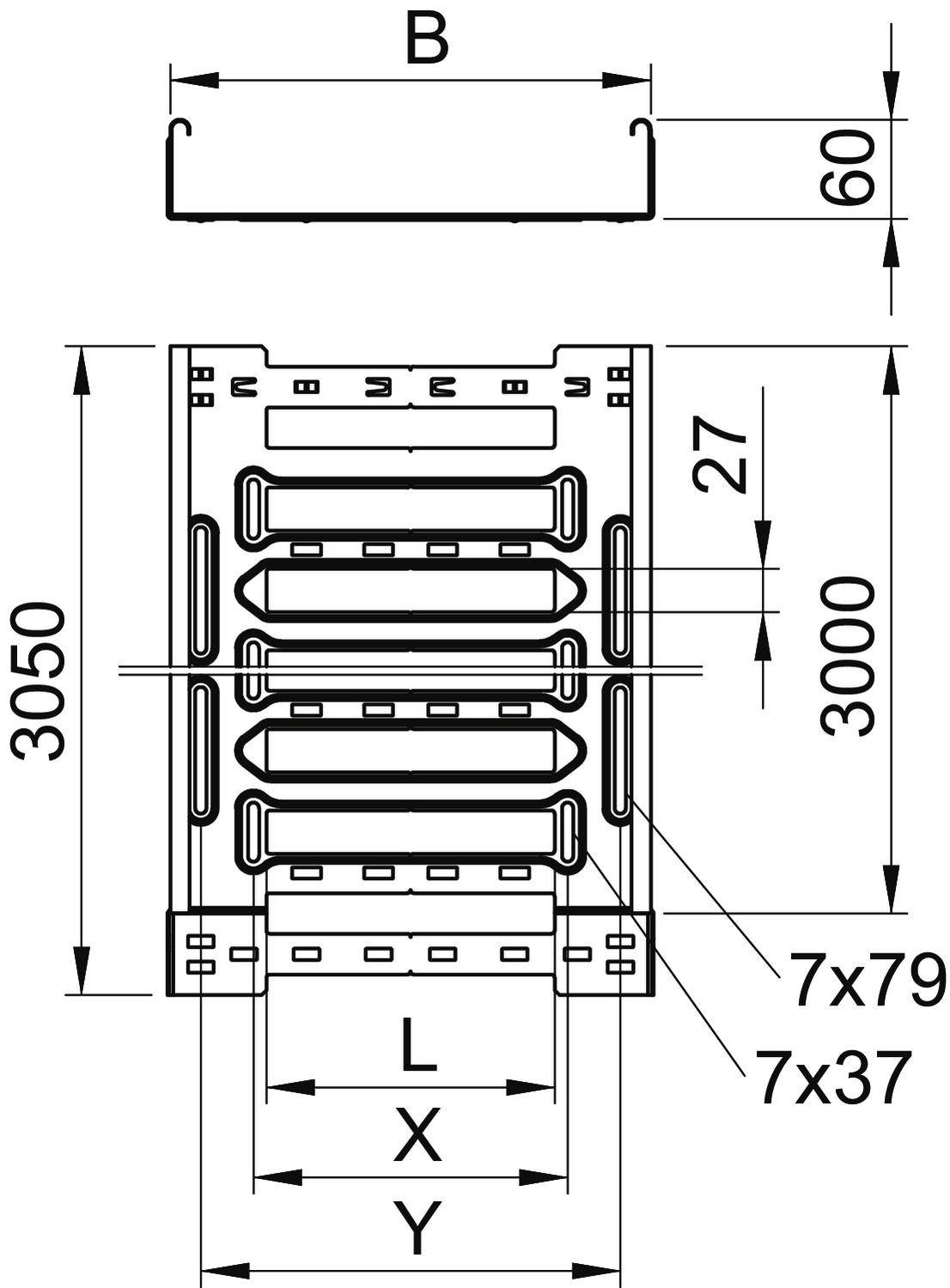 Technische Zeichnung eines Regalprofils mit Maßangaben: Breite (B) 60, Höhe 3050 und Tiefe 3000. Enthält Deckplatten und Regalböden mit Maßen 7x79 und 7x37.
