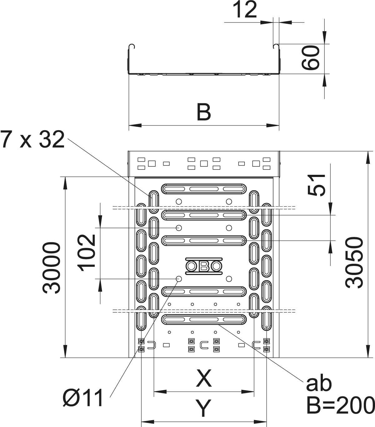 Technische Zeichnung eines Bauteils mit Bemaßungen: B = 200, 3050 x 3000, Höhe 102. Zahlreiche Bohrungen und Aussparungen.