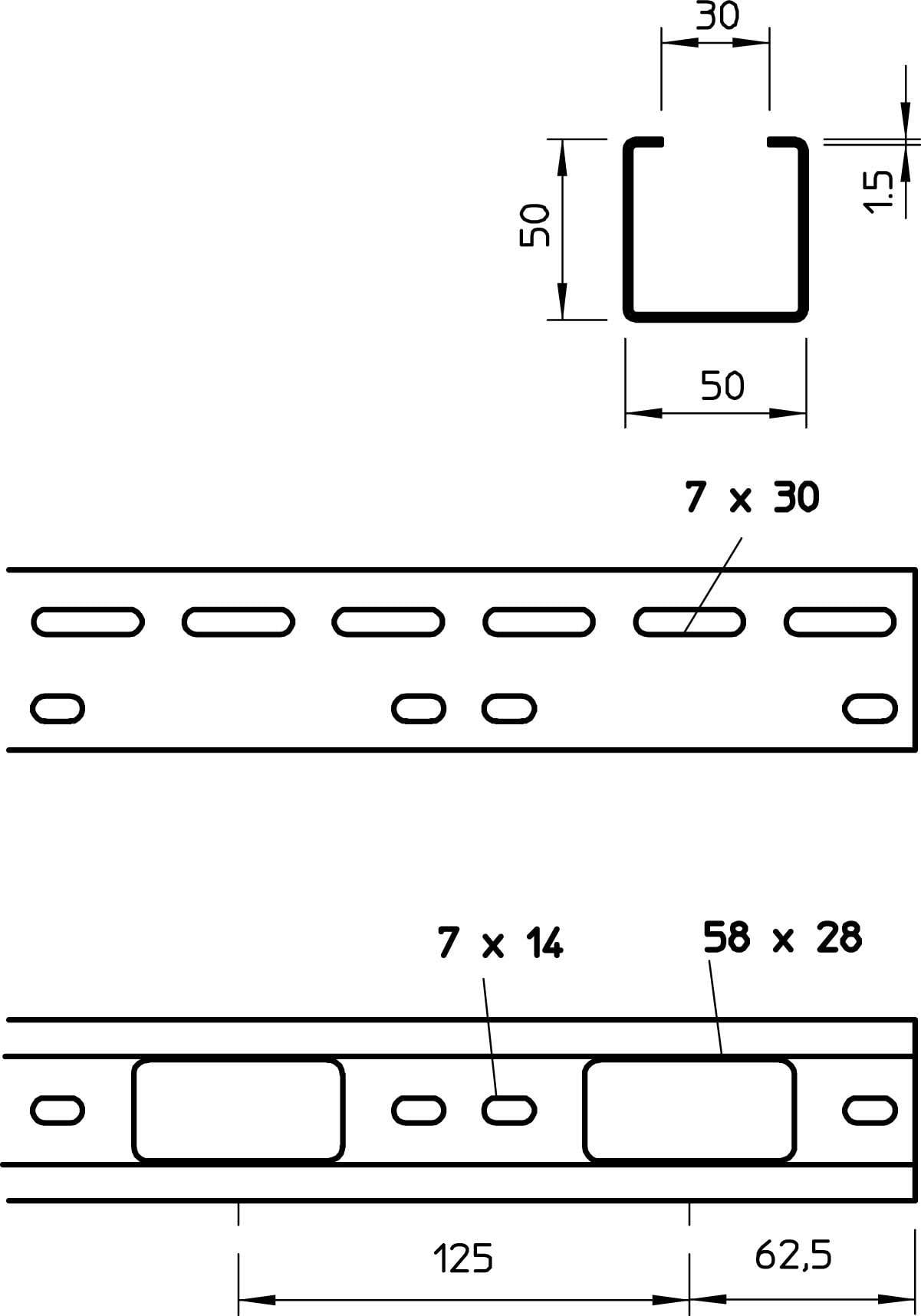 Technische Zeichnung eines C-Profils mit den Maßen 50x50 mm und einer Stärke von 1,5 mm. Enthält Bohrlochangaben: 7x30 mm, 7x14 mm.