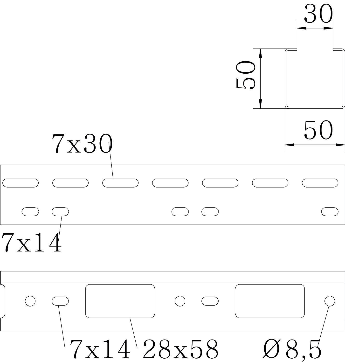 Technische Zeichnung eines Metallprofils mit Maßen: 50 mm x 50 mm Querschnitt, Länge mit Schlitzen, Bohrungen Ø8,5 mm, Maße 7x14, 28x58.