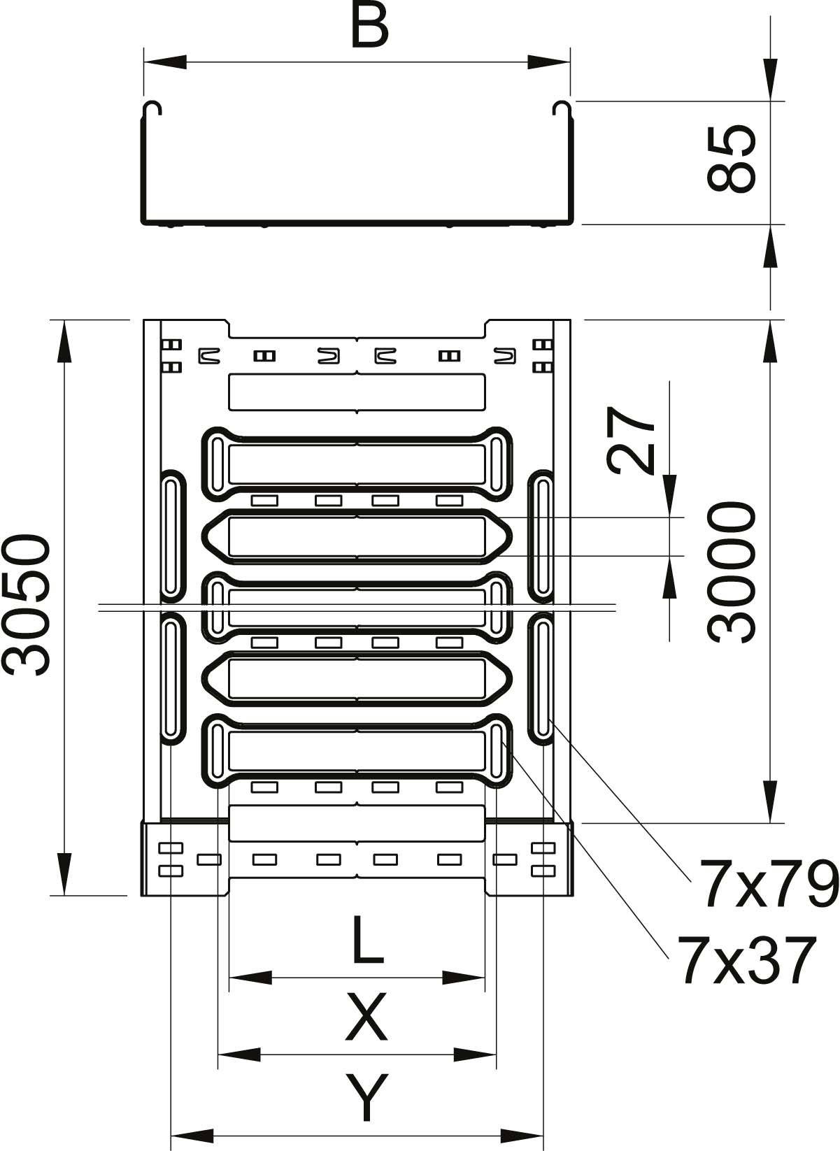 Technische Zeichnung eines Regals mit Maßen: Höhe 3050mm, Breite B, Tiefe 85mm. Vier Regalböden, Maße für Befestigungen und Abstände.
