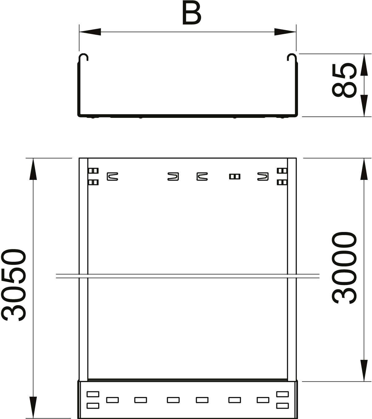 Technische Zeichnung eines rechteckigen Objekts mit einer Höhe von 3050 mm und einer Breite von 3000 mm. Oberer Rand ist 85 mm.