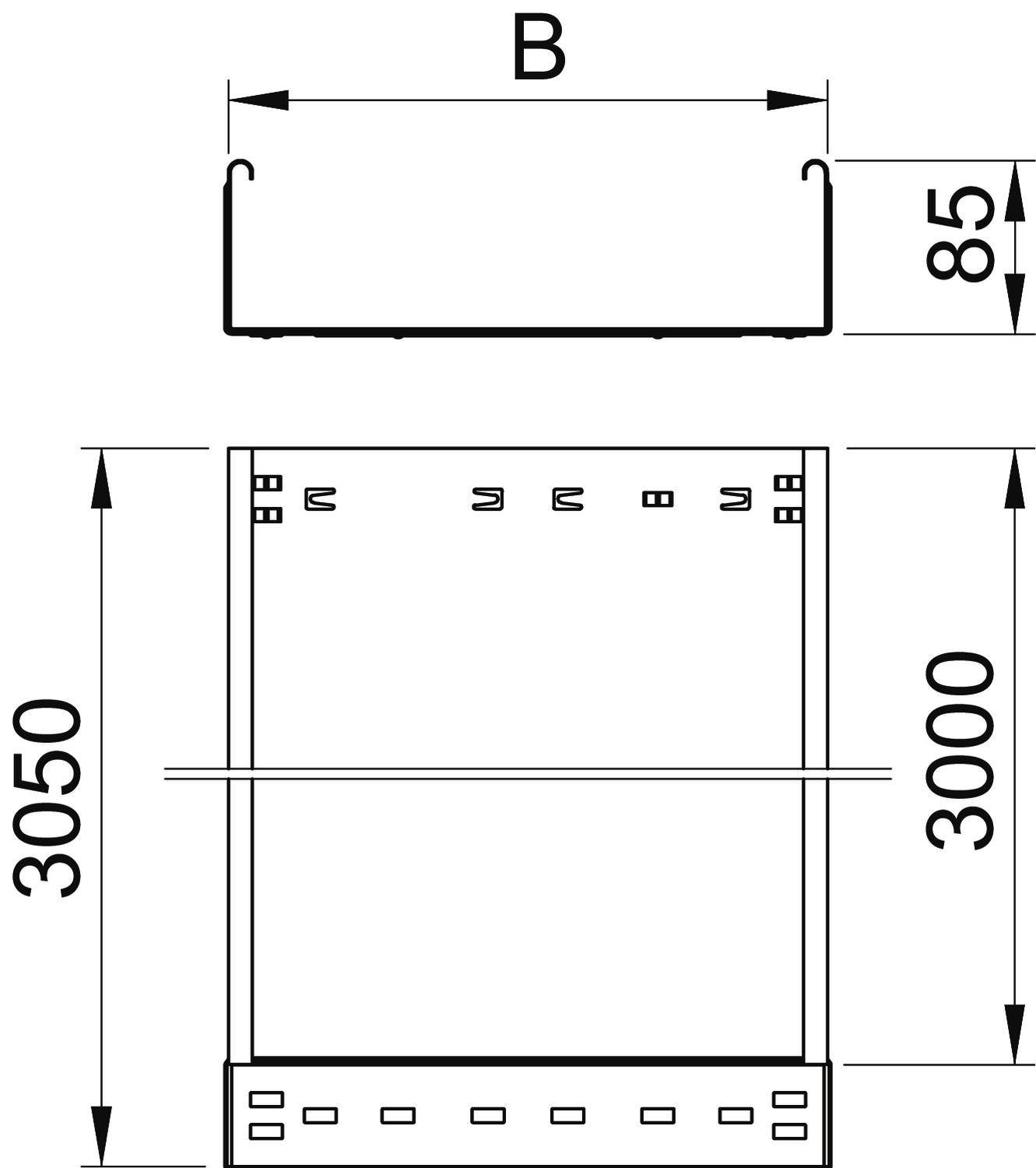 Technische Zeichnung eines rechteckigen Bauteils, Höhe 3050 mm, Breite 3000 mm und 85 mm, Maße seitlich und oben angegeben.