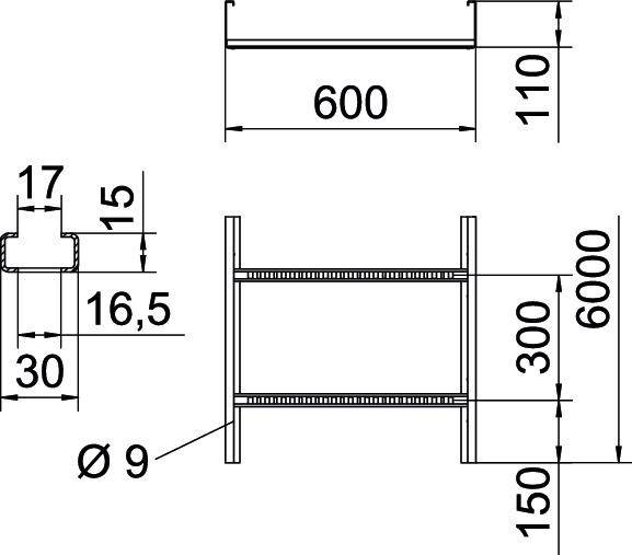 Technische Zeichnung eines stahlähnlichen Rahmens mit Maßen: Breite 600 mm, Höhe 110 mm oben und 300 mm Mitte, Länge 6000 mm.