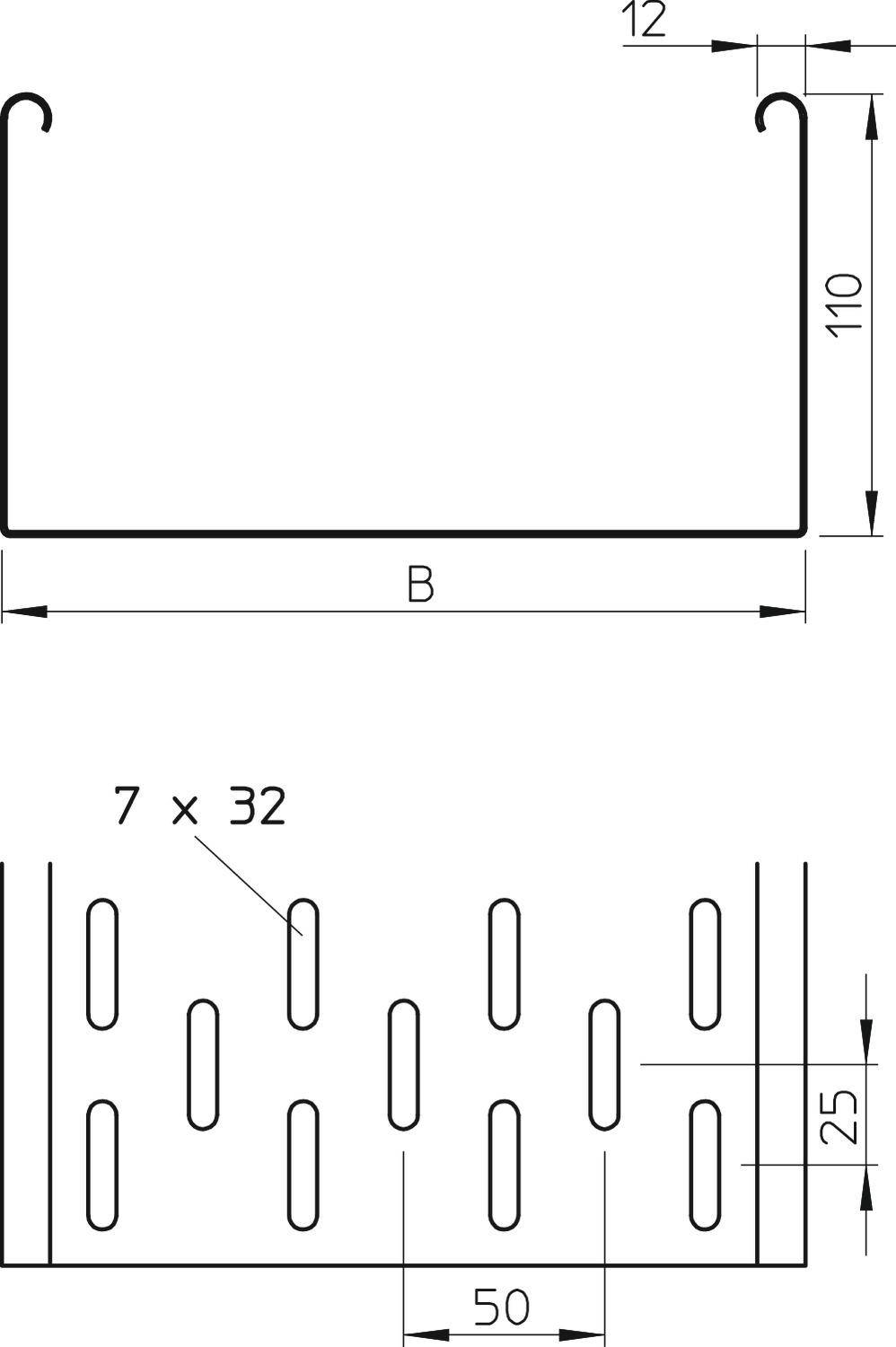 Technische Zeichnung eines rechteckigen Metallprofils mit Haken oben. Maße: Höhe 110 mm, Breite B, Lochmuster unten: 7 x 32 mm.