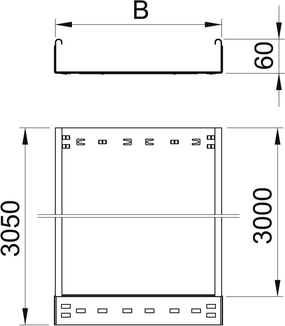 'Technische Zeichnung eines Metallprofils mit Maßen: Breite B, Höhe 60mm, Länge 3050mm und 3000mm. Sicht von oben und Seite.'