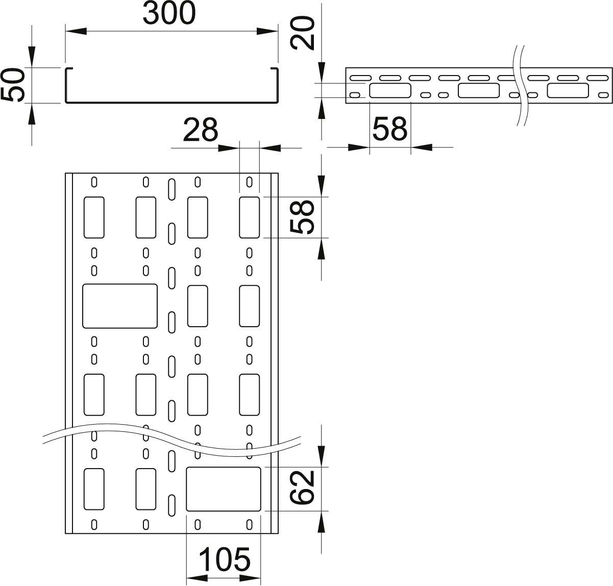 Technische Zeichnung eines metallischen Kabelträgers. Oben Querschnitt mit Maßen 300x20. Unten detaillierte Ansicht mit Lochmustern, Maße beschrieben.