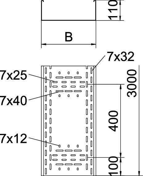 Technische Zeichnung eines Regalteils mit Abmessungen von B x 110, Höhe 3000, Breite 400. Lochgrößen 7x12, 7x25, 7x32, 7x40 angezeichnet.