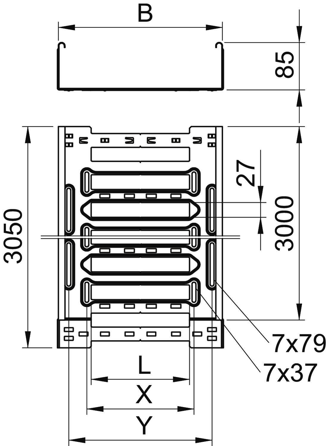 Technische Zeichnung eines Fachregals mit vier Ebenen. Maße: Höhe 3050 mm, Breite B mm, Tiefe 85 mm, Fachhöhe 27 mm.