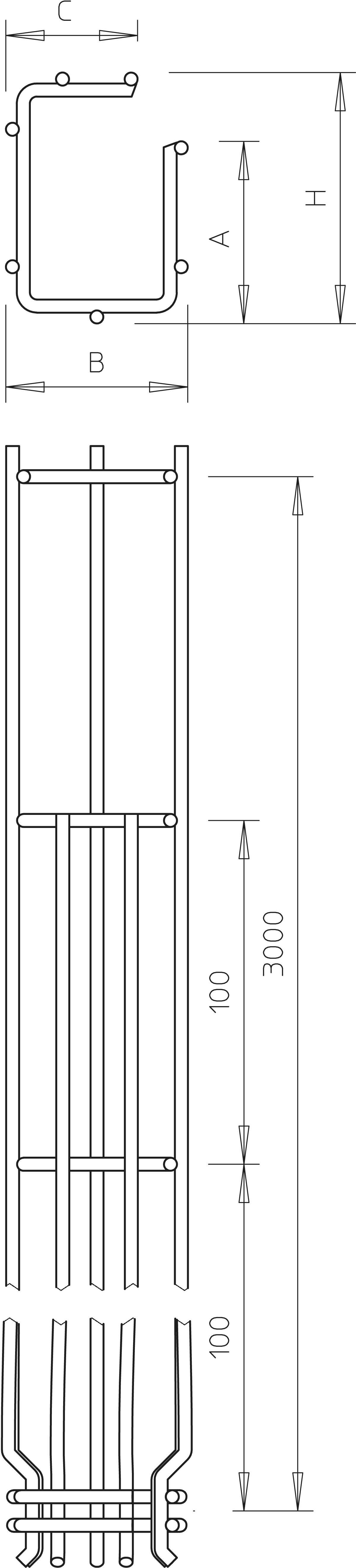 Technische Zeichnung eines metallischen C-Profils mit Maßen A, B und C. Darunter Abbildung einer langen, zylindrischen Struktur mit einer Länge von 3000 mm und erweiterbarem Zwischenstück.