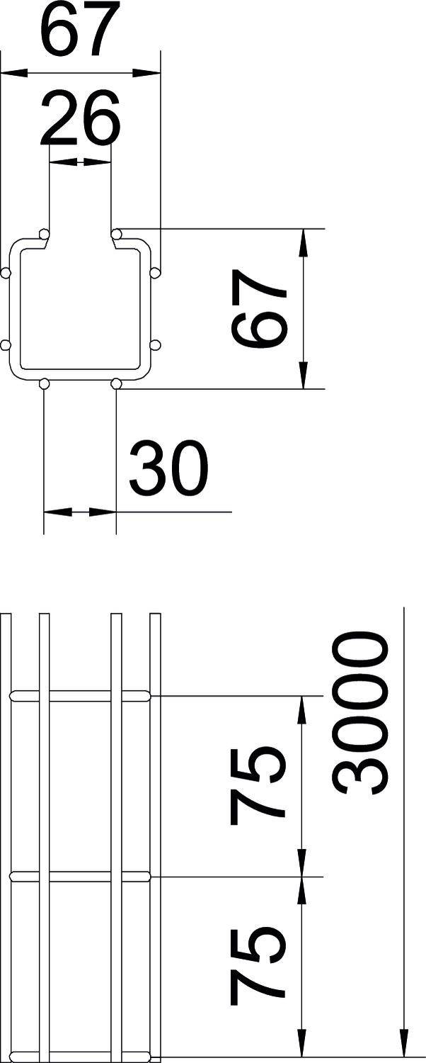 Technische Zeichnung eines quadratischen Metallprofils mit Maßen: 67x67 mm, Innenmaß 26 mm. Detailansicht einer verbundenen Konstruktion, Längenangabe 3000 mm.