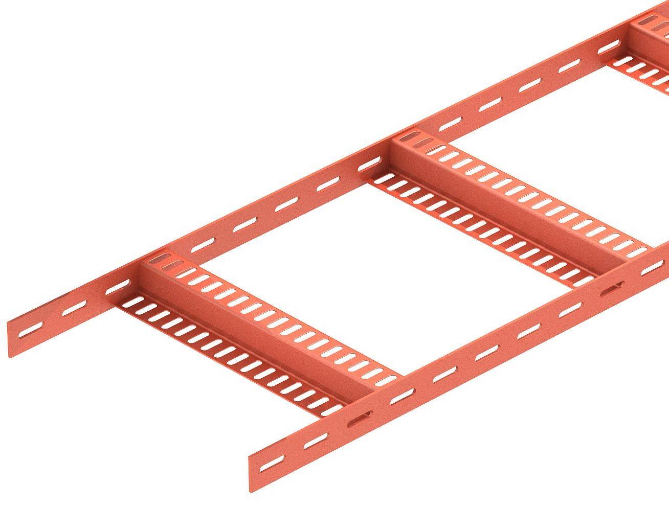 Liegende Ansicht eines orangefarbenen Kabelträgersystems mit rechteckigen Seitenteilen und durchbrochenen Querstreben.