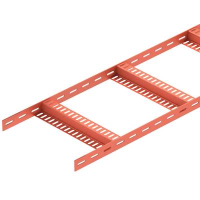 Liegende Ansicht eines orangefarbenen Kabelträgersystems mit rechteckigen Seitenteilen und durchbrochenen Querstreben.