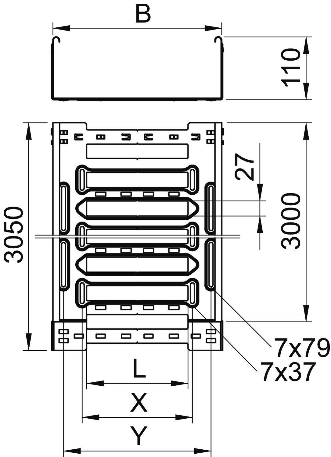 Technische Zeichnung einer Metallstruktur mit Maßen: Höhe 3050 mm, Breite 'B', Tiefe 110 mm. Details: Öffnungen sind 7 mal 79 mm und 7 mal 37 mm groß.