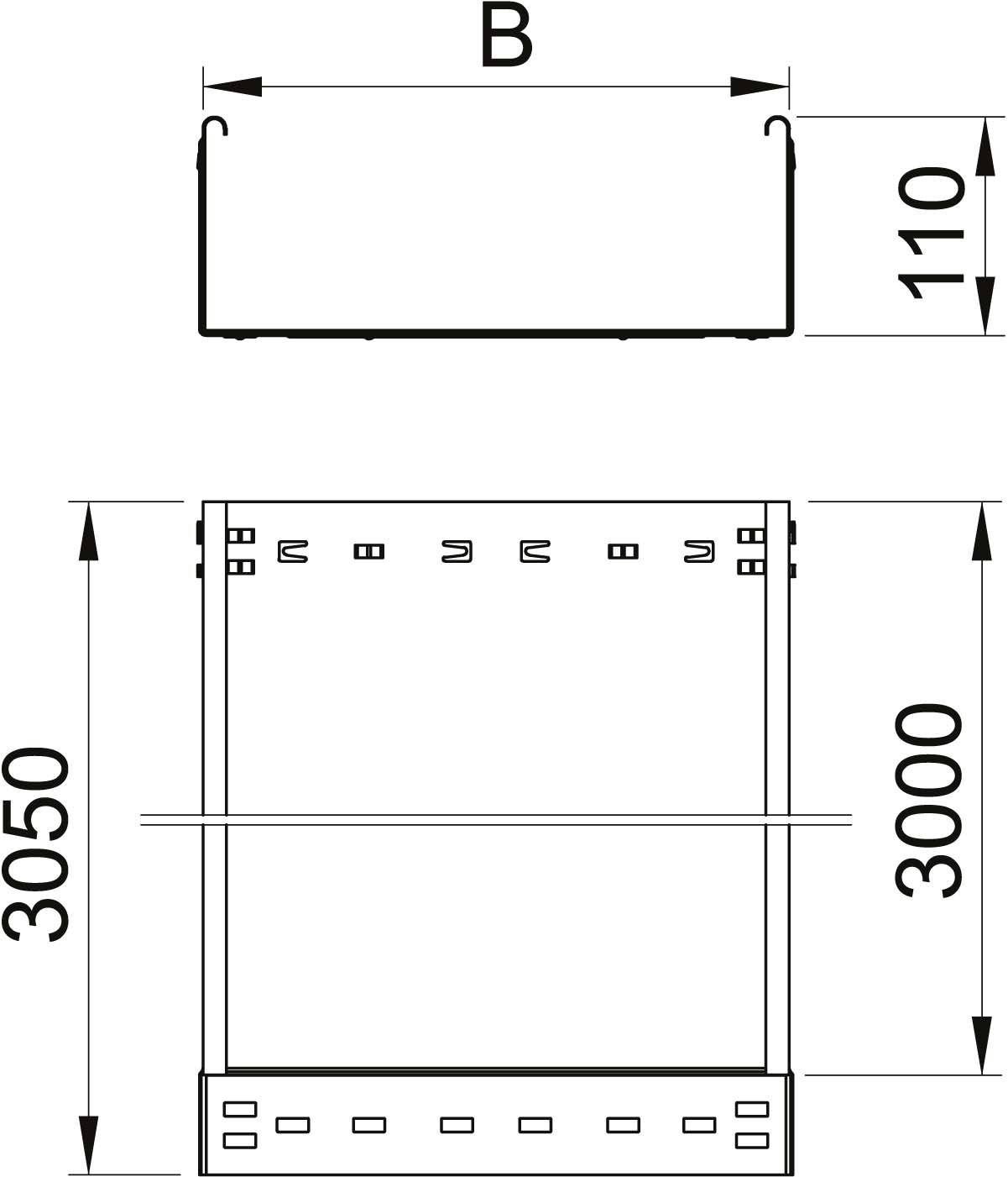 Technische Zeichnung eines rechteckigen Objekts mit den Maßen: Höhe 3050, Breite B, Tiefe 110, 3000 lang.