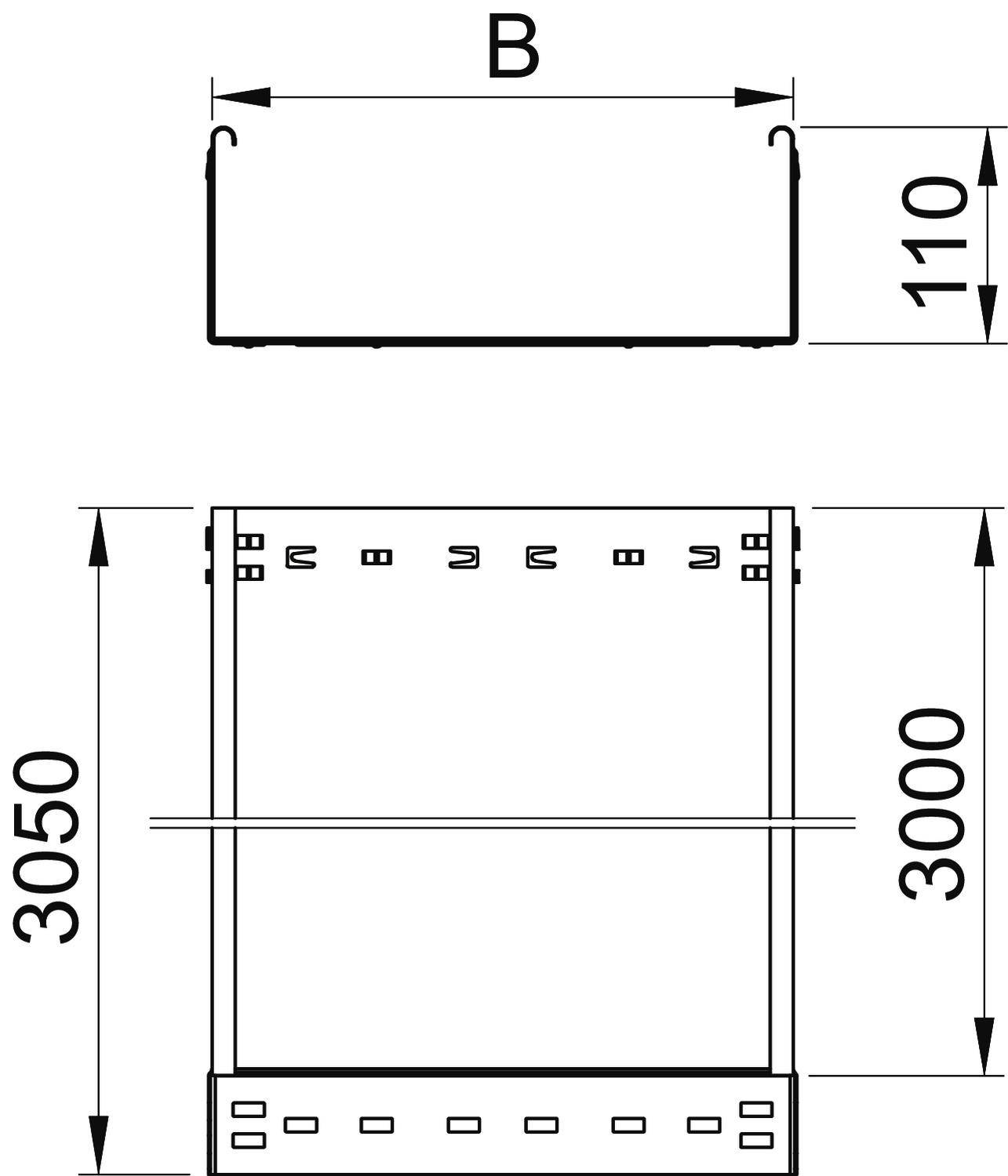 Maßzeichnung eines rechteckigen Objekts mit einer Höhe von 3050 mm und einer Breite von 'B'. Tiefe oben 110 mm. Linien und Zahlen.