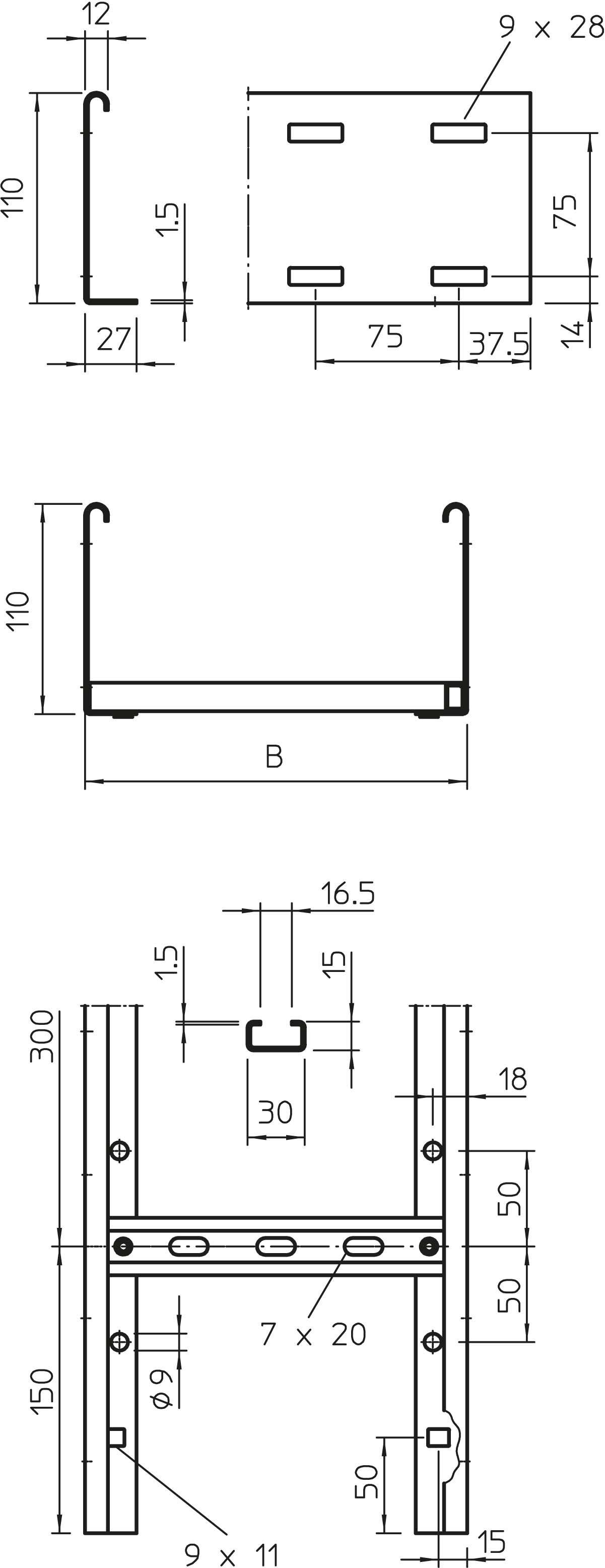 Technische Zeichnung eines Bauteils mit mehreren Ansichten und Bemaßungen. Details umfassen Längen, Breiten und Lochpositionen.
