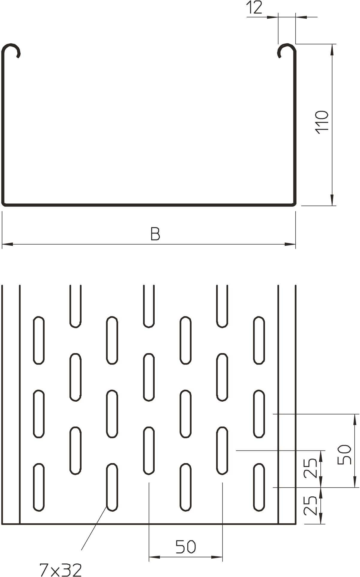 Technische Zeichnung eines U-Profils mit Schlitzen. Maße: Höhe 110 mm, Breite B, Schlitze 7x32 mm, Lochabstand und weitere Maße angegeben.