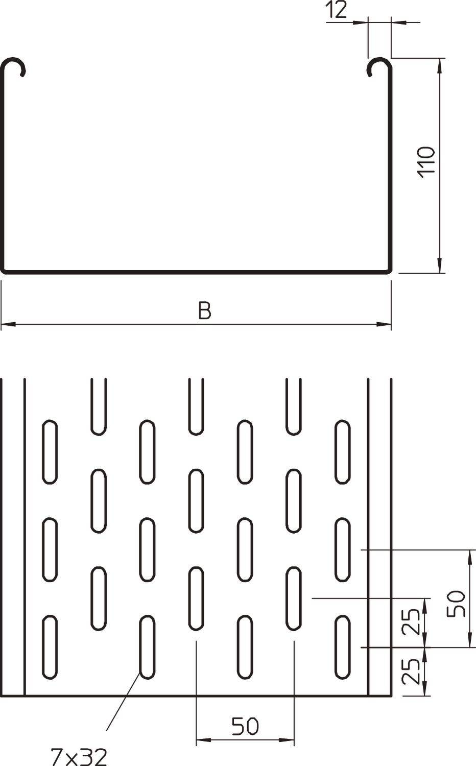 Technische Zeichnung eines Metallprofils mit Schlitzen, Maßangaben in Millimetern: Länge 110, Breite variabel (B).
