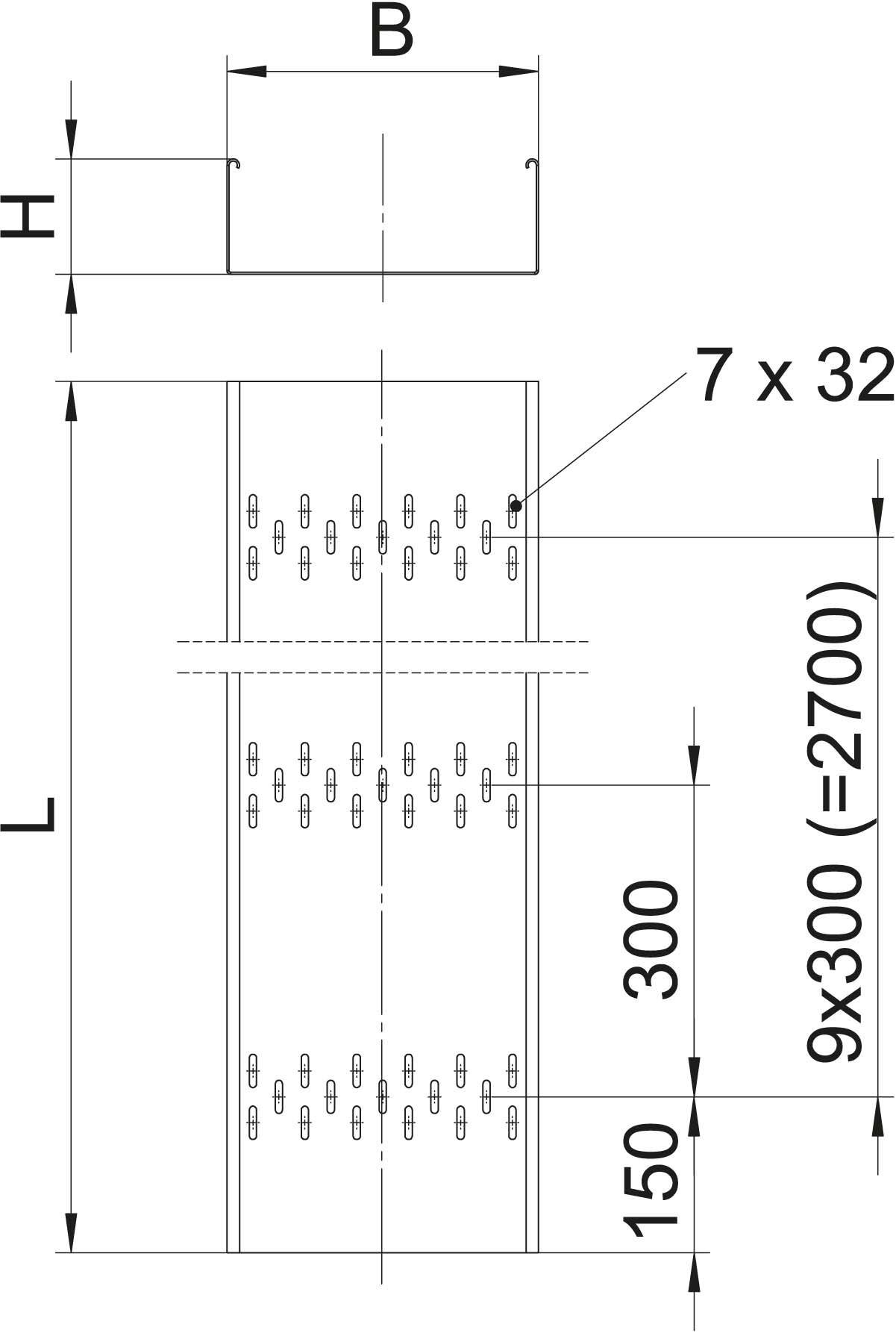 Technische Zeichnung eines Metallprofils mit den Maßen B, H und L. Es zeigt Löcher mit 7x32 mm Abstand. Gesamtlänge 2700 mm, mit markierten Segmenten von 150 mm und 300 mm.