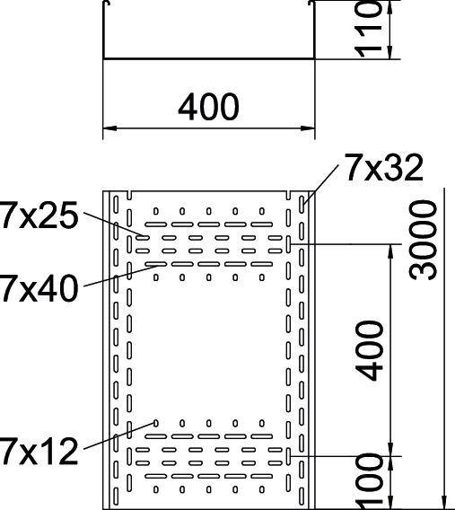 Technische Zeichnung eines Regals. Maße: Breite 400 mm, Höhe 3000 mm, Tiefe 1100 mm. Sechs Regalebenen, Befestigungspunkte markiert.