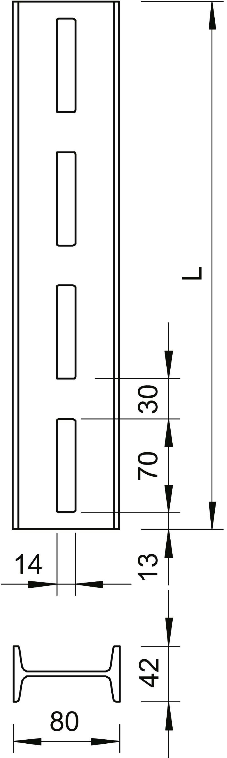 Technische Zeichnung eines Metallprofils mit Längsschlitzen. Maße: L, 70, 30, 14, 13, 42, 80 mm. Seitenansicht, Schnitt und Maße angegeben.