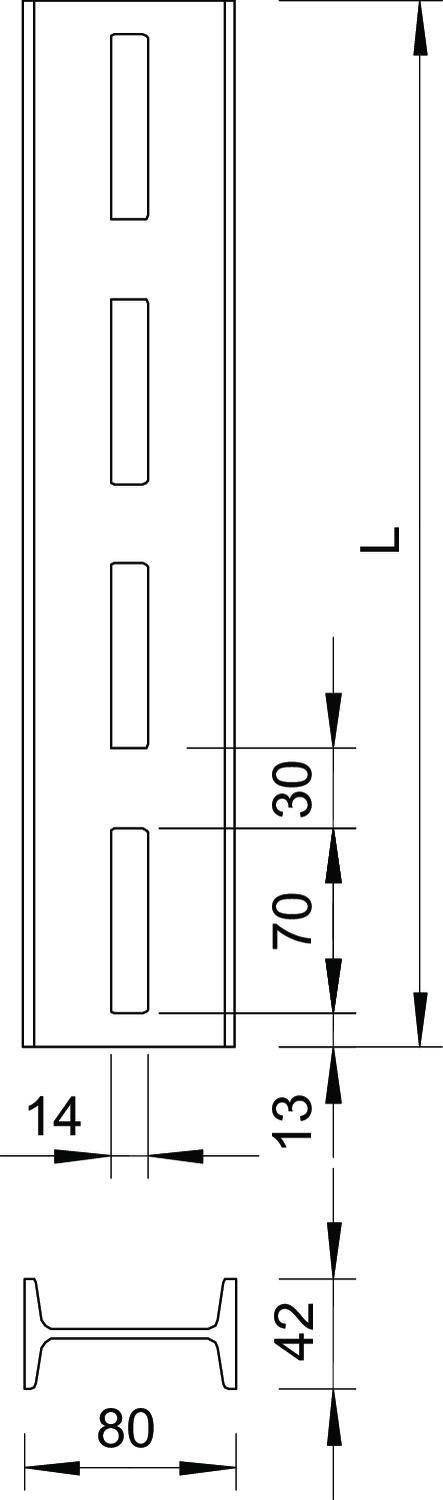 Technische Zeichnung eines Metallprofils mit horizontalen Schlitzen. Maße: Breite 80 mm, Höhe 42 mm, Schlitze 70 mm auseinander.