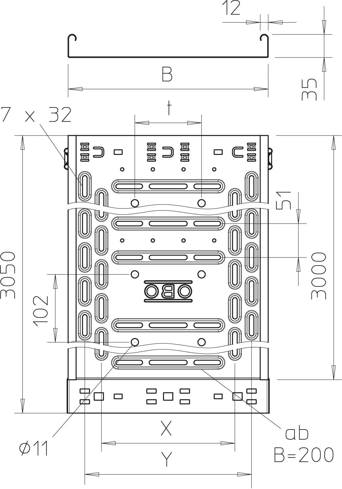 Technische Zeichnung eines rechteckigen Metallprofils mit Bemaßungen und Lochmustern. Enthält Maße: B=200, Y=305, Ø11.