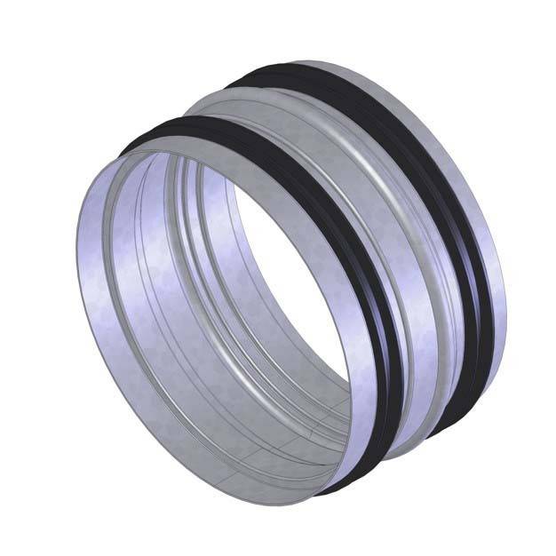 Ein zylindrisches Metallteil mit schwarzen Gummibändern, wahrscheinlich ein Dichtungsring oder eine Manschette für Rohrverbindungen.