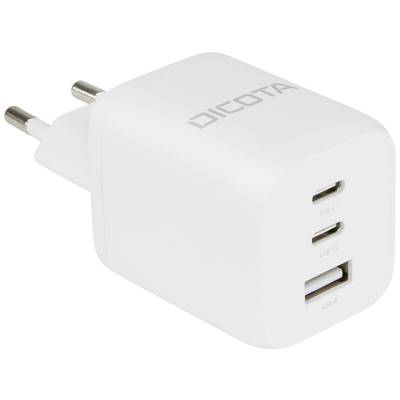 Weißes Ladegerät mit drei USB-Anschlüssen: zwei USB-C und ein USB-A. Markenname 'DICOTA' auf der Oberseite sichtbar.