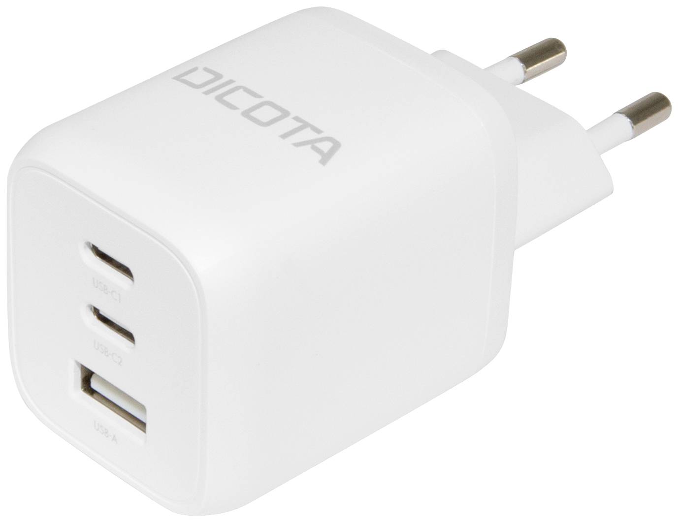 Weißes Ladegerät mit drei USB-Ports: zwei USB-C und ein USB-A. 'DICOTA' Logo auf der Vorderseite. Europäischer Stecker.