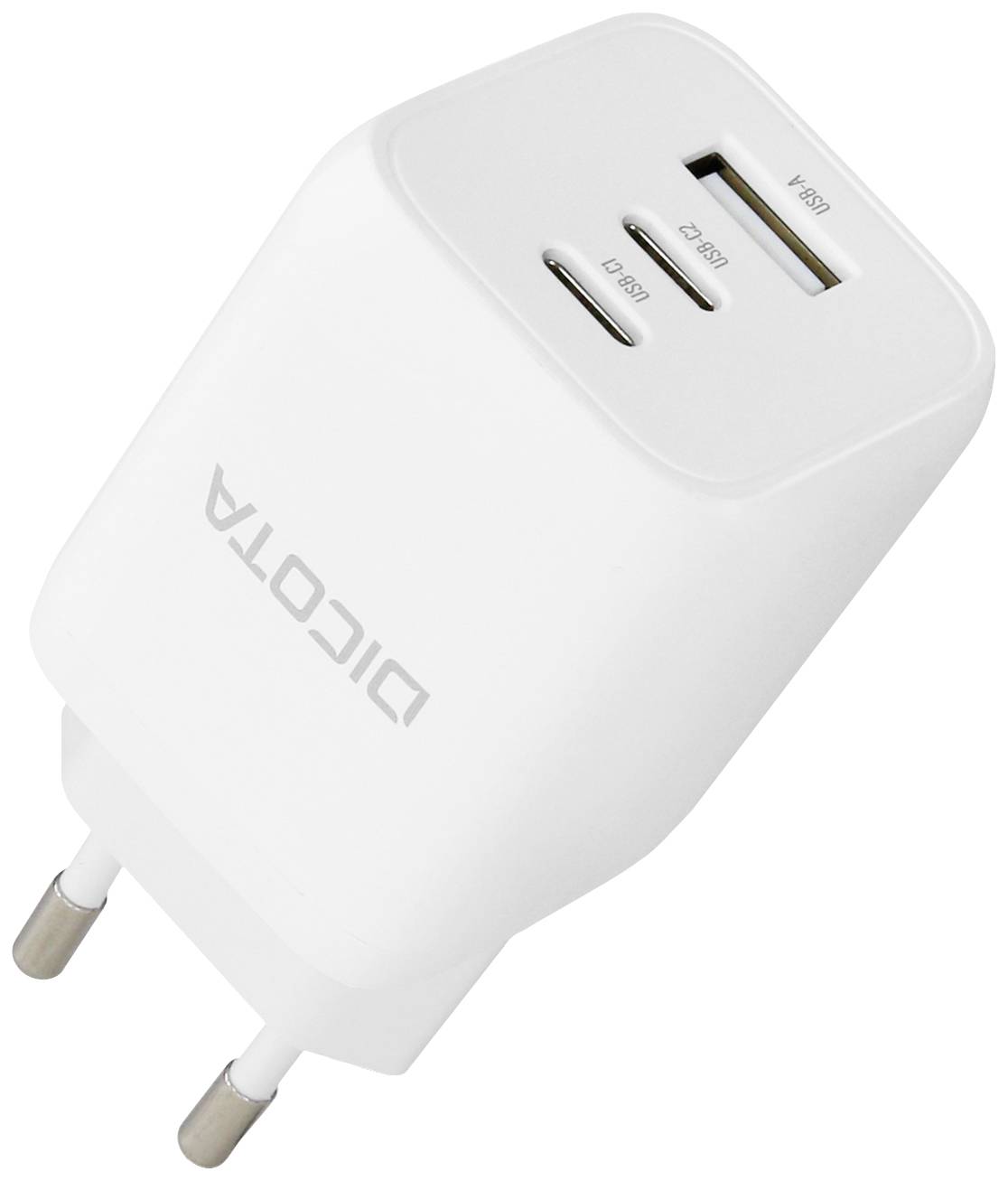 Ein weißes Ladegerät mit zwei Anschlüssen: USB-A und USB-C. Das Ladegerät hat europäische Stecker. Markierung 'DICTEA' auf der Seite.