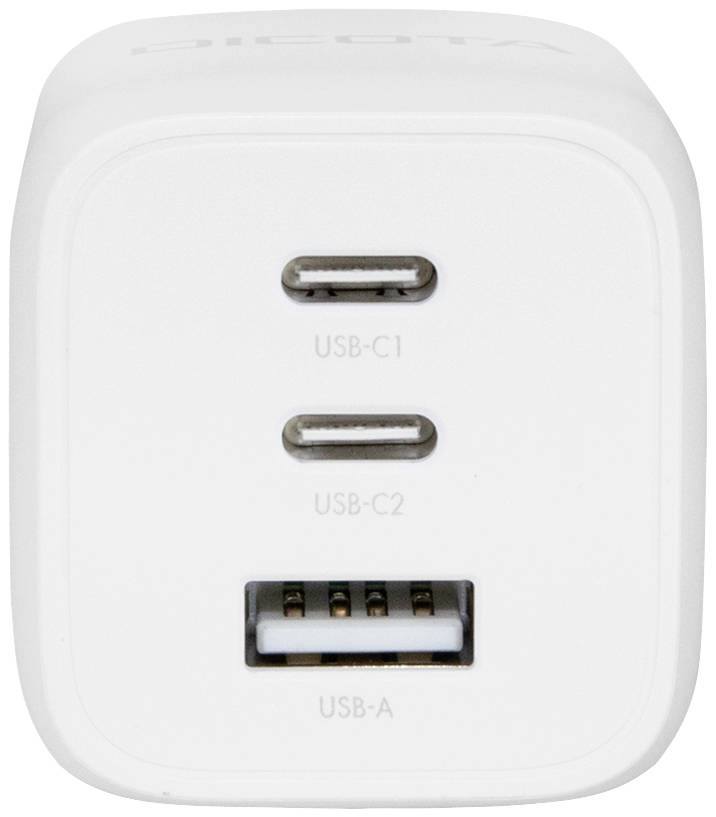 Weiße rechteckige Wandladegerät mit zwei USB-C-Ports oben ('USB-C1' und 'USB-C2') und einem USB-A-Port unten, zur Stromversorgung.