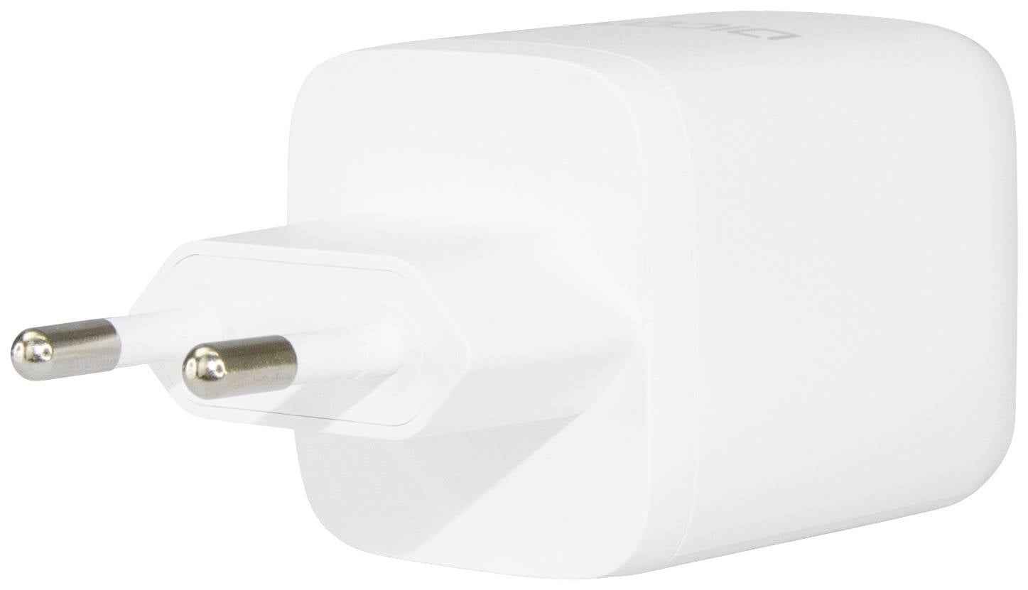 Ein weißes USB-Netzteil mit zwei runden Steckkontakten, seitlich abgebildet. Geeignet zum Laden elektronischer Geräte.