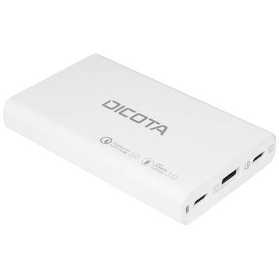 Eine weiße Powerbank mit der Aufschrift 'DICOTA', zwei USB-Ausgänge, ein USB-C-Eingang und Schnellladefunktionen.