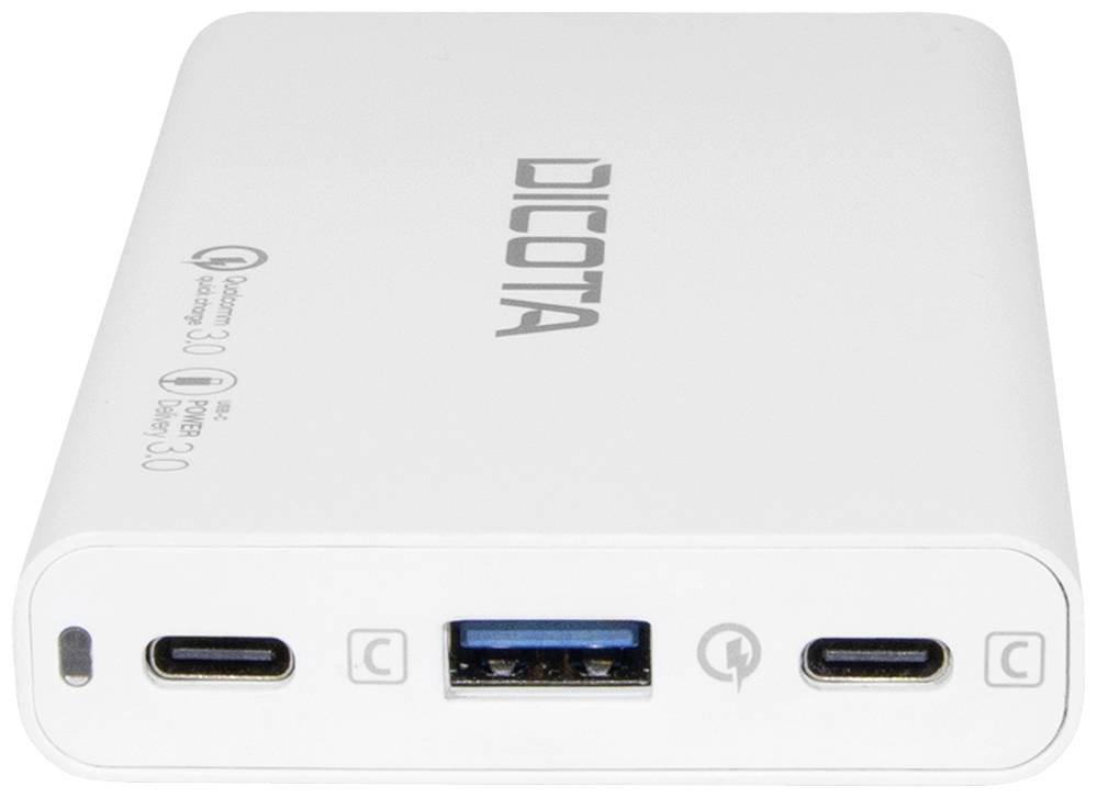 Ein tragbares Ladegerät mit drei Anschlussports: zwei USB-C und ein USB-A. Aufschrift: 'DICOTA'. Geeignet für schnelles Laden.