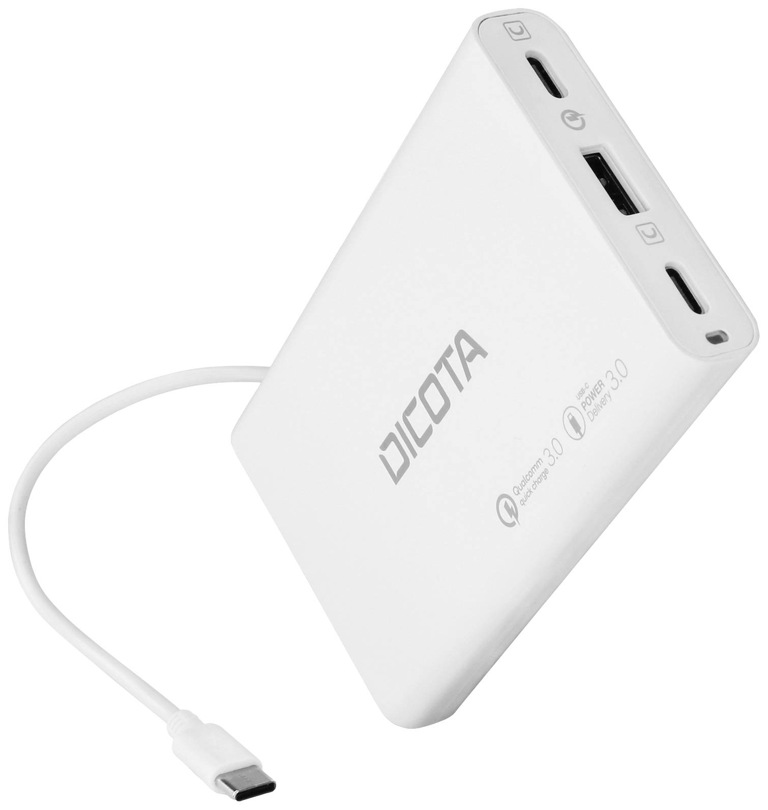 Eine weiße Powerbank mit der Aufschrift 'Dicota', zeigt Anschlüsse für USB-A und USB-C, sowie einen Ladekabelanschluss.