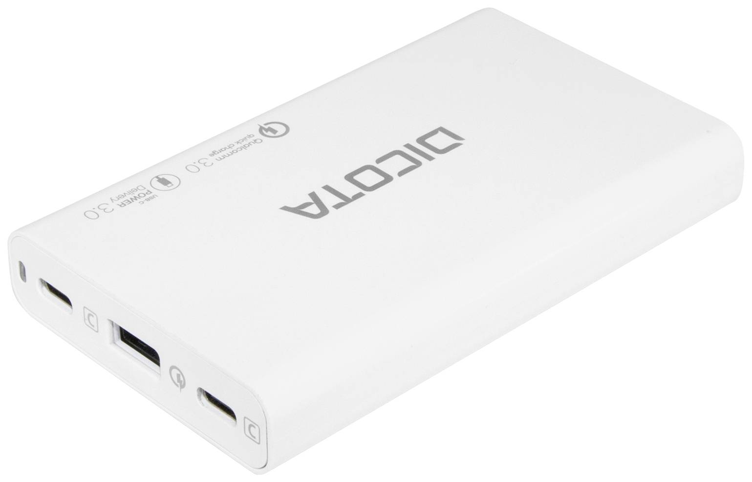 Weiße Powerbank mit mehreren Anschlussmöglichkeiten, darunter USB- und Micro-USB-Anschlüsse. Aufschrift: 'DICTA'.