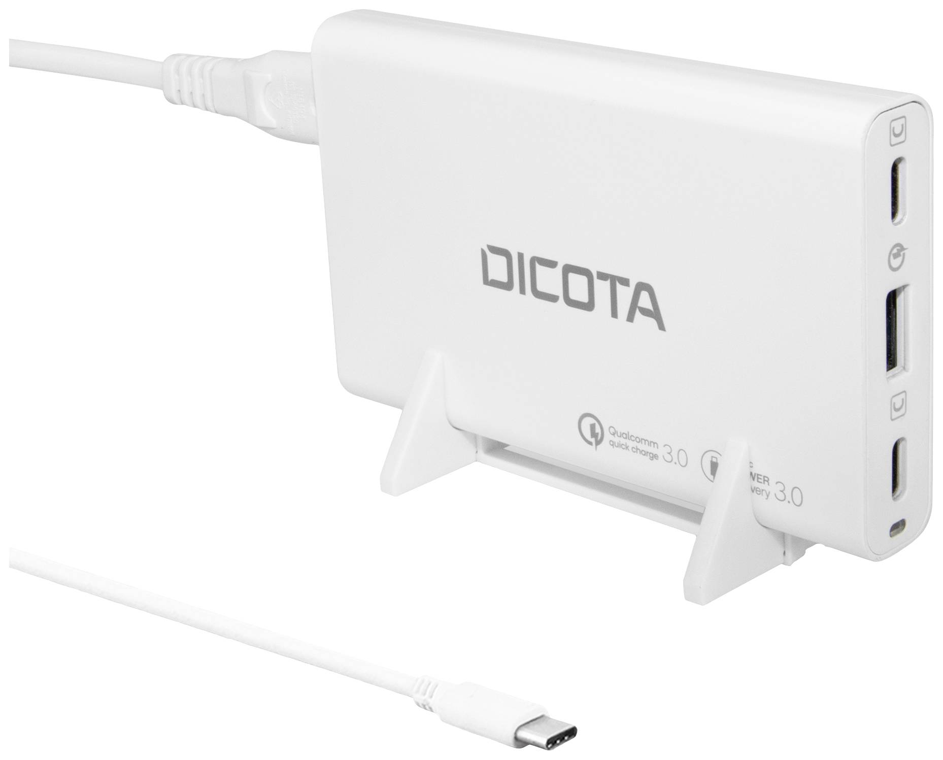 Externe weiße Ladestation mit der Aufschrift 'DICOTA', mehreren USB-Anschlüssen an der Seite und einem USB-C-Kabel.