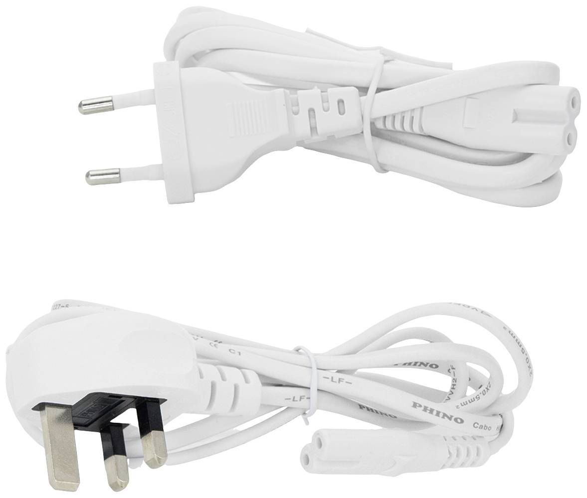 Zwei weiße Netzkabel mit unterschiedlichen Steckertypen: oben ein europäischer Stecker, unten ein britischer Stecker.