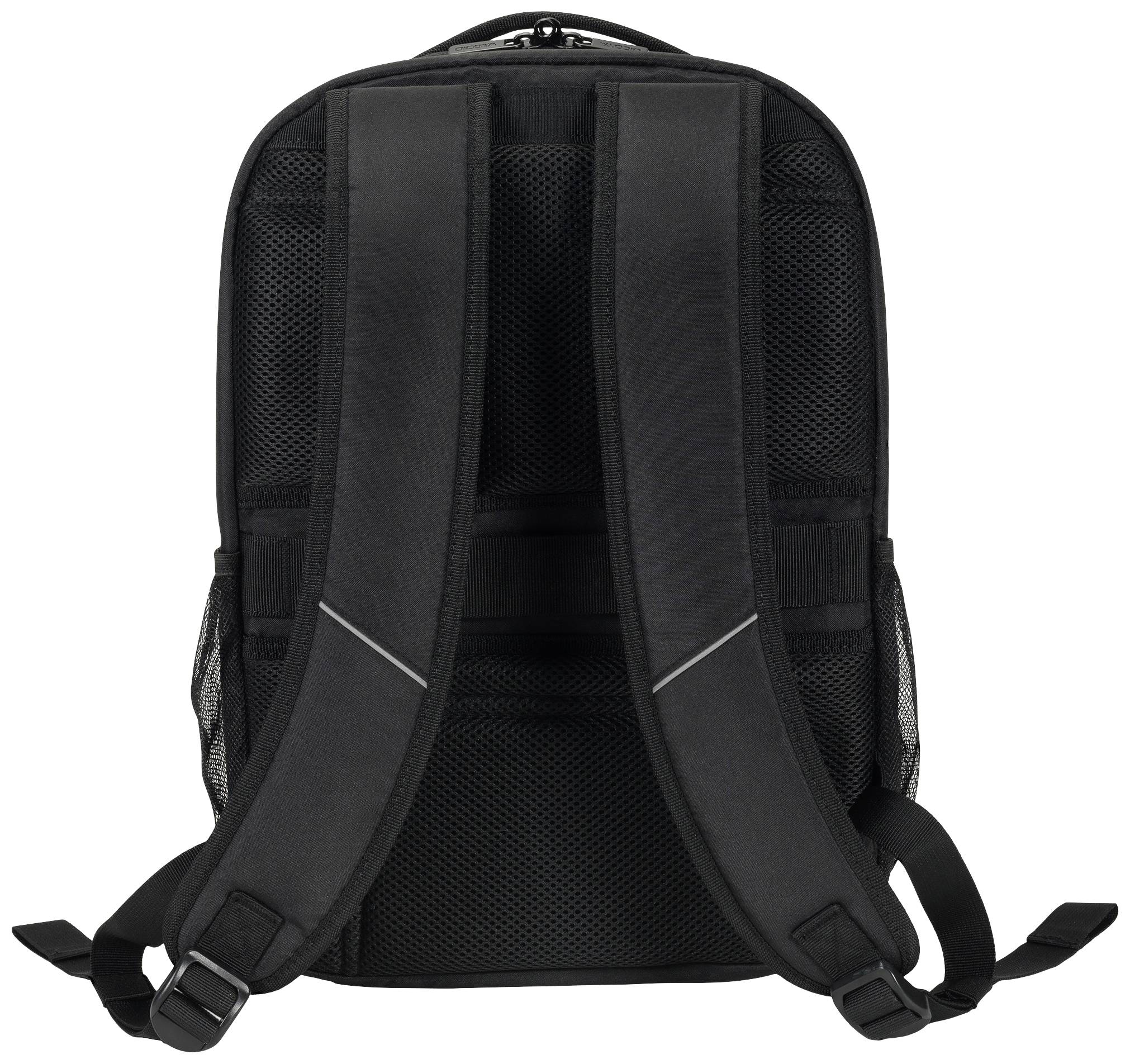 Ein schwarzer Rucksack von hinten mit gepolsterten Schultergurten und seitlichen Netztaschen.